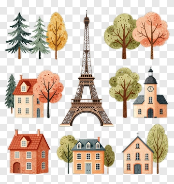 Eiffel Tower Surrounded By Colorful Trees And Houses PNG