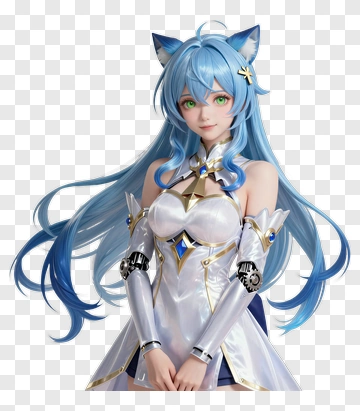 Anime Character With Blue Hair And Cat Ears PNG