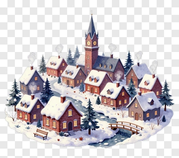 Snowy Winter Village With Clock Tower PNG