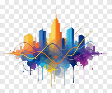 Colorful City Skyline With Abstract Waves PNG