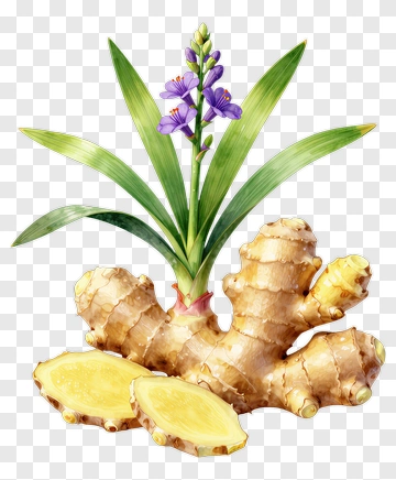 Fresh Ginger Root With Green Leaves And Purple Flowers PNG