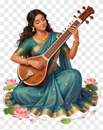 Woman Playing A Sitar Surrounded By Lotus Flowers PNG