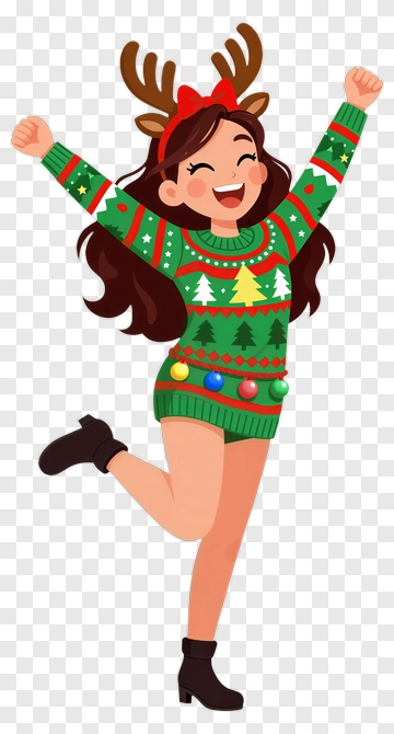 Happy Girl In A Christmas Sweater With Reindeer Antlers PNG