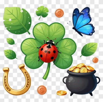 Colorful Lucky Clover With Ladybug And Butterfly PNG