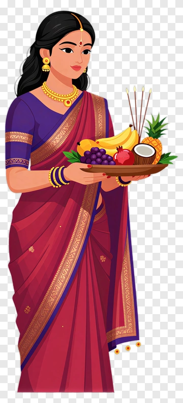 Woman In Traditional Attire Holding A Fruit Basket PNG