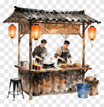 Food Stall With Chefs Cooking Street Food PNG