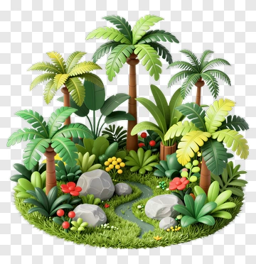 Tropical Garden With Palm Trees And Flowers PNG
