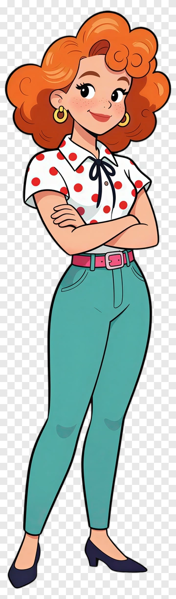 Cartoon Woman With Curly Hair In Polka Dot Shirt PNG