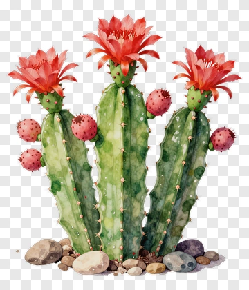 Colorful Cactus With Red Flowers PNG