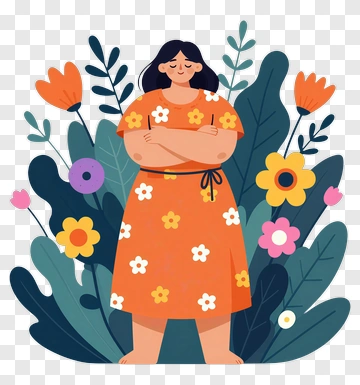 Woman In Floral Dress Standing Among Colorful Flowers PNG