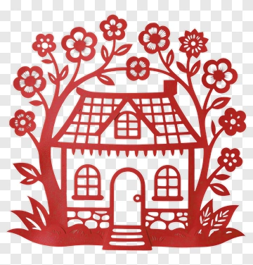 Red Paper Cut House Surrounded By Flowers PNG