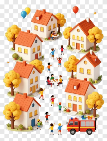 Colorful Neighborhood Scene With Children And Fire Truck PNG