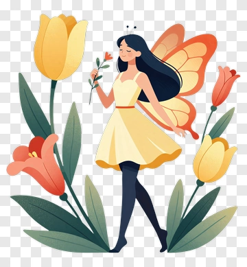 Cartoon Butterfly Girl Among Colorful Flowers PNG