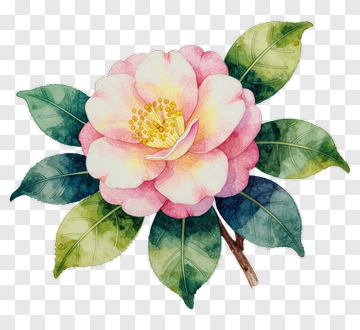Watercolor Flower With Green Leaves PNG