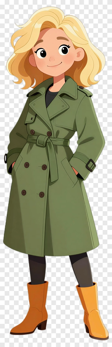 Cartoon Woman In Green Trench Coat PNG