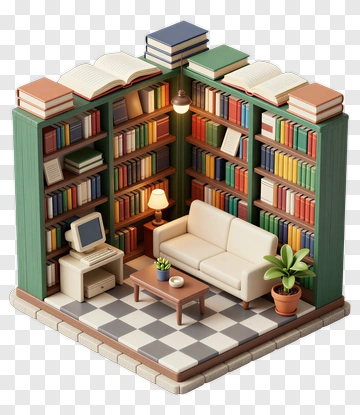 Cozy Library Corner With Books And Sofa PNG