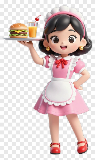 3D Waitress Holding A Burger And Drink PNG