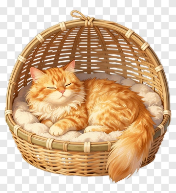 Orange Cat Sleeping In A Basket PNG
