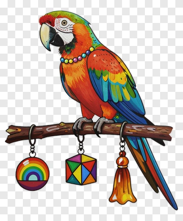 Colorful Parrot Perched On A Branch With Toys PNG