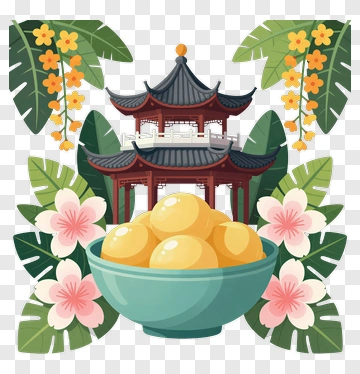 Colorful Bowl Of Golden Dumplings With Floral Background PNG
