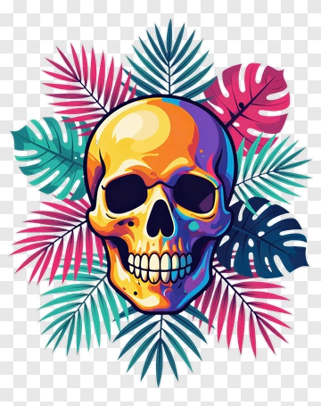 Colorful Skull Surrounded By Tropical Leaves PNG