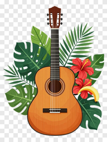 Acoustic Guitar Surrounded By Tropical Foliage And Flowers PNG
