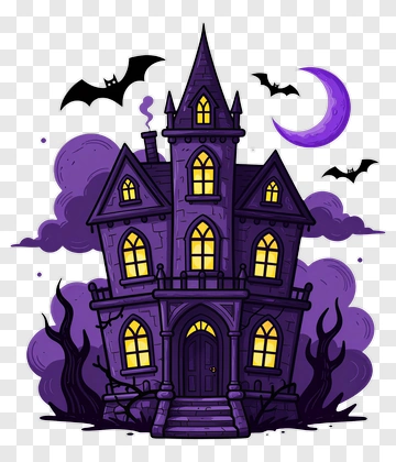 Haunted House With Bats And Moon PNG