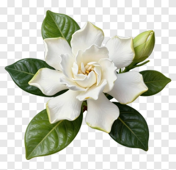 White Gardenia Flower With Green Leaves PNG