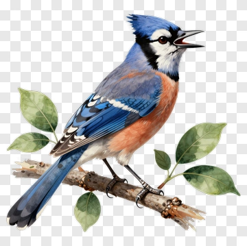 Blue Jay Perched On A Branch With Leaves PNG