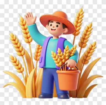 3D Farmer Holding A Basket Of Wheat PNG