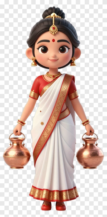 Cartoon Woman In Traditional Attire Holding Pots PNG