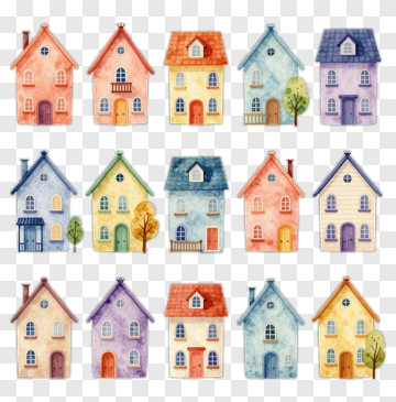 Colorful Watercolor Houses PNG