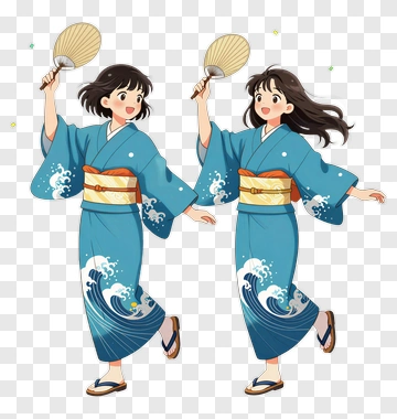 Cartoon Girl In Kimono Holding A Fan PNG
