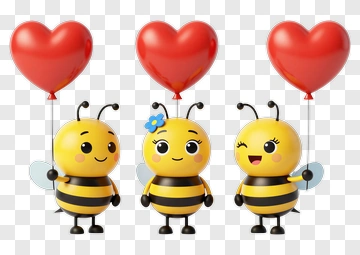 Cartoon Bees Holding Heart Balloons PNG