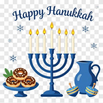 Happy Hanukkah Menorah With Donuts And Dreidels PNG