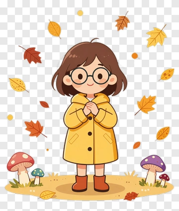 Cartoon Girl In Yellow Raincoat Surrounded By Fall Leaves PNG