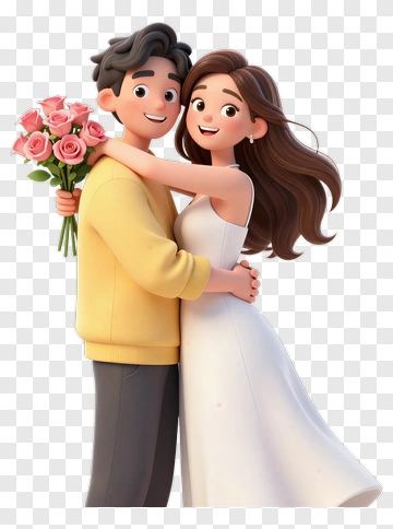 Cartoon Couple Holding A Bouquet Of Roses PNG