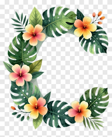 Floral Letter C With Hibiscus And Leaves PNG