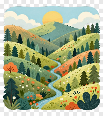 Colorful Landscape With Rolling Hills And River PNG