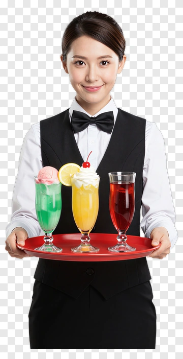Waitress Holding Colorful Drinks On A Tray PNG