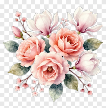 Watercolor Floral Bouquet With Roses And Magnolias PNG