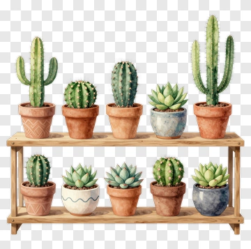 Colorful Cacti And Succulents On Wooden Shelf PNG