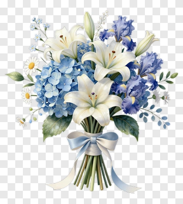 Flower Bouquet With White Lilies And Blue Hydrangeas PNG