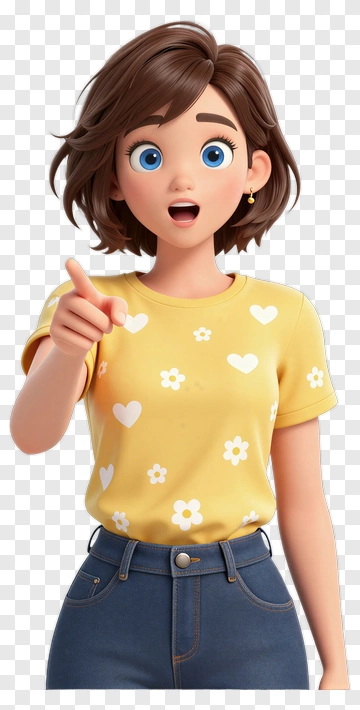Cartoon Woman Pointing With A Yellow Heart Shirt PNG