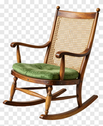 Wooden Rocking Chair With Green Cushion PNG
