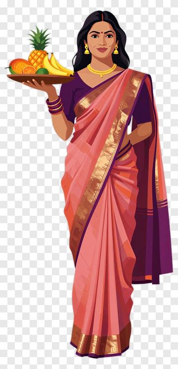 Woman In Traditional Saree Holding A Tray Of Fruits PNG