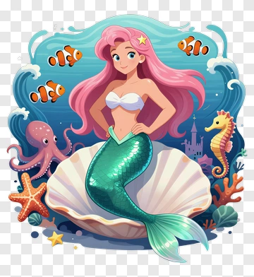 Cartoon Mermaid With Colorful Sea Creatures PNG