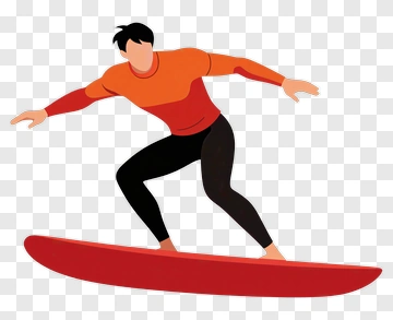 Cartoon Surfer Riding A Red Surfboard PNG
