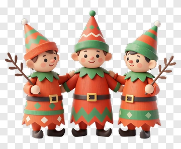 3D Christmas Elves Holding Hands PNG