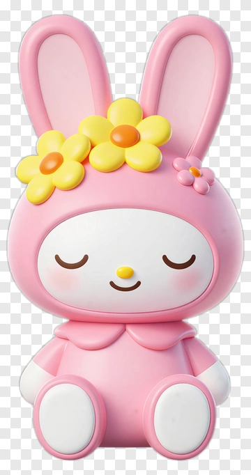 Cute Pink Bunny Character With Flowers PNG